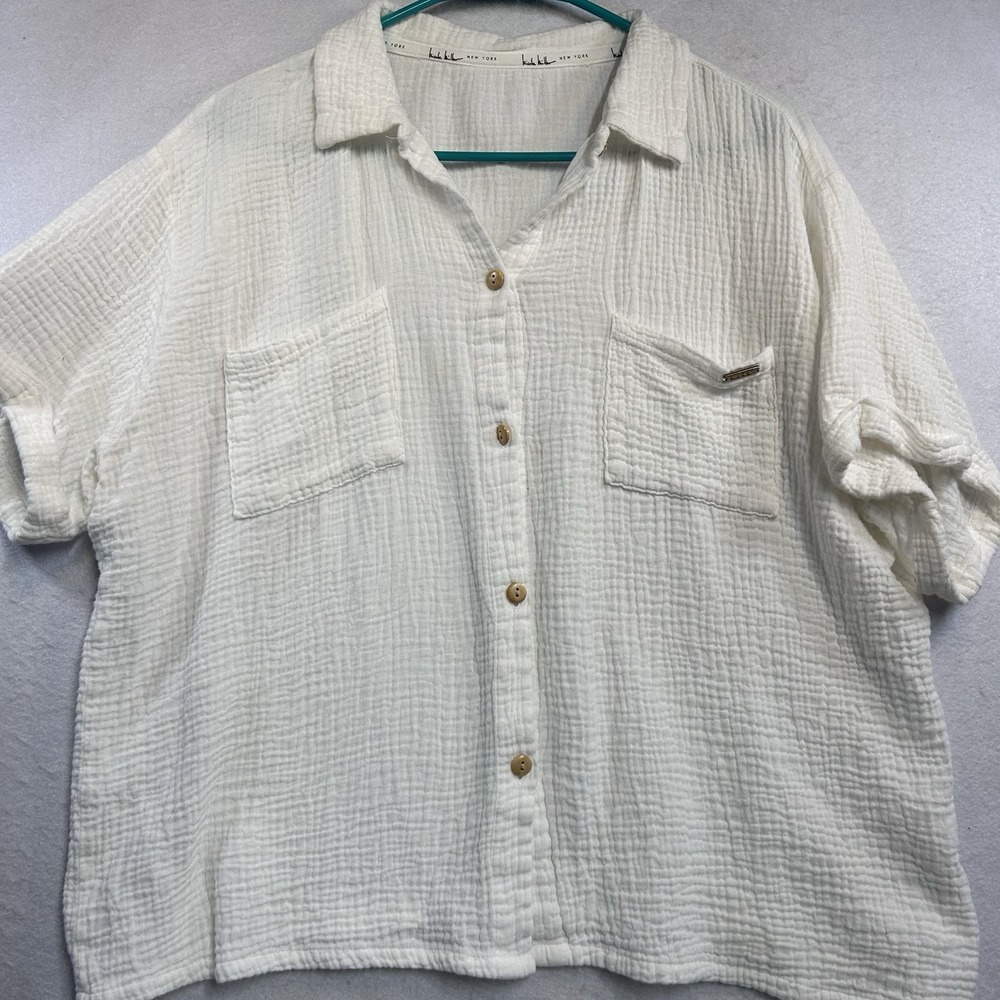 Nicole Miller Top 100% Cotton L Button Collared Neck Cottagecore White